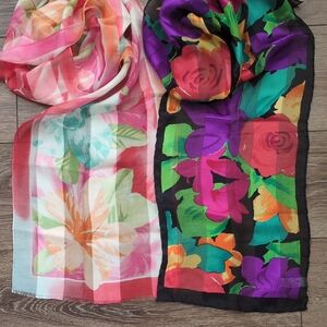 2 Casual Corner Oblong 100% Silk Scarf Black/Vibrant & White/Pastel Silk Scarves